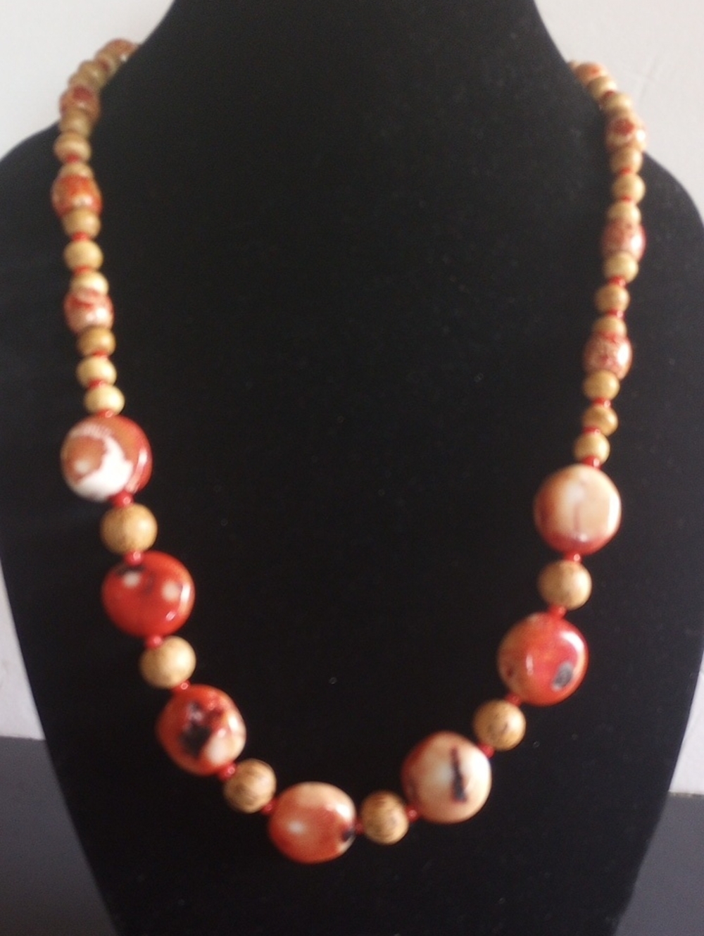 Handmade Red and Tan Beaded Necklace